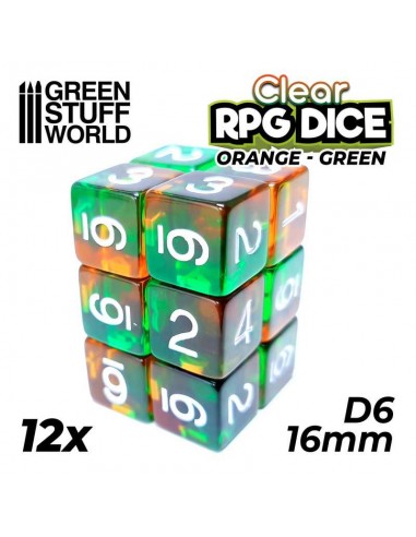 12x D6 16mm Dés de Jeu - Orange/Vert...